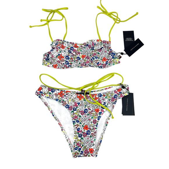 TOMMY HILFIGER 2PC Floral Bikini Top & High Leg Cheeky Swim Bikini Bottom Large - Picture 2 of 6